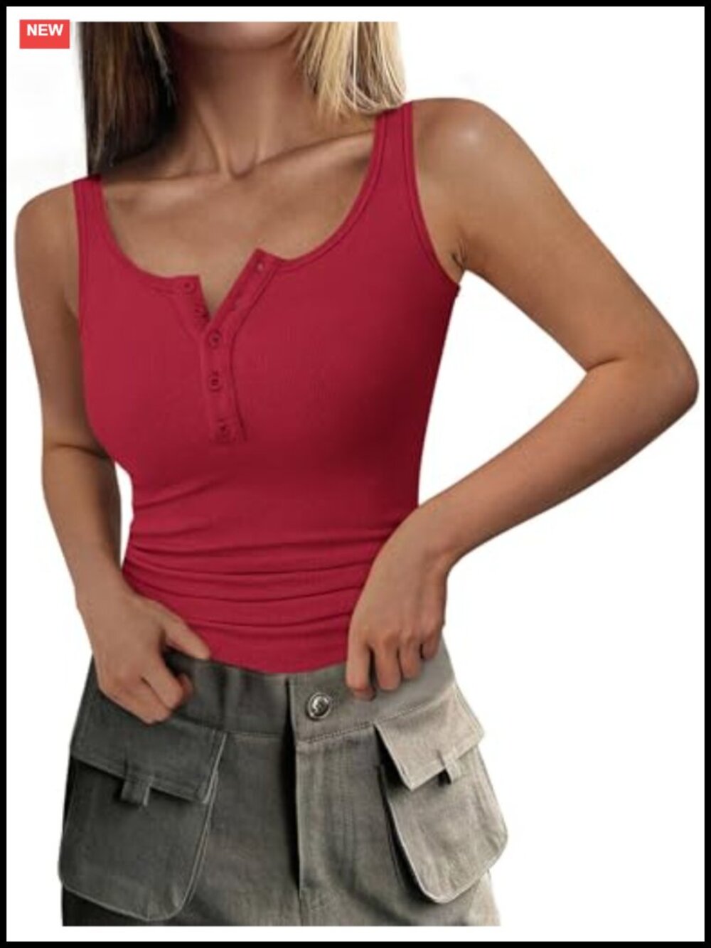 Women's Sleeveless Henley Tank Top - Slim Fit Ribbed Knit Summer